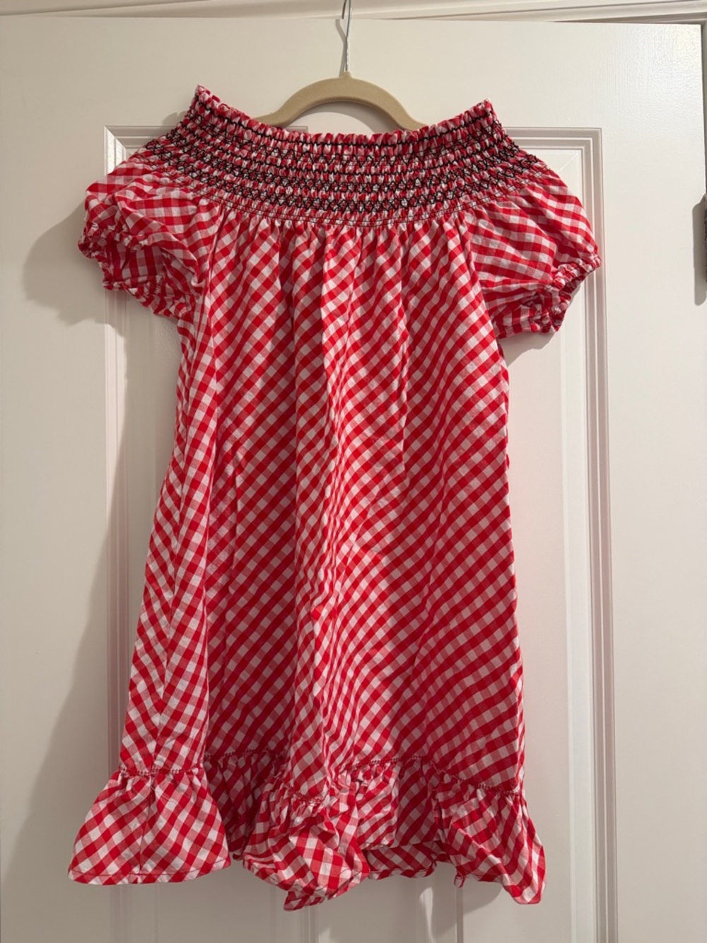 Frankie's Bikinis Red and White Gingham Off-Shoulder Dress